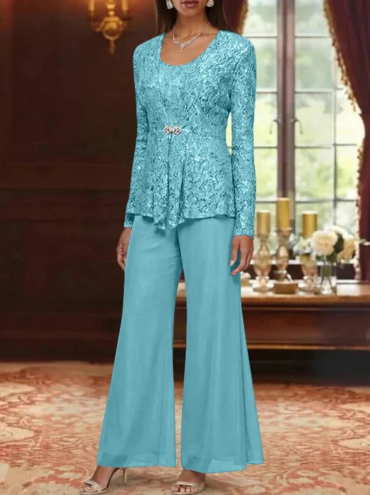 3 Pieces Scoop Lace Mother of the Bride Pantsuits with Jacket Long Sleeves Ankle-Length