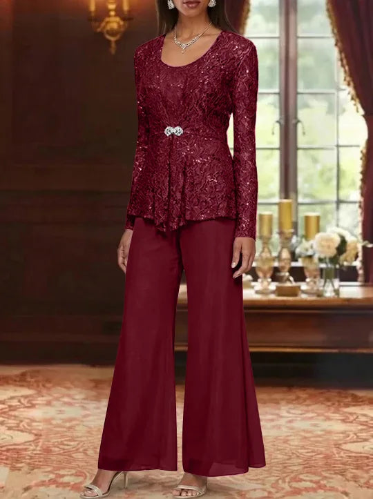3 Pieces Scoop Lace Mother of the Bride Pantsuits with Jacket Long Sleeves Ankle-Length