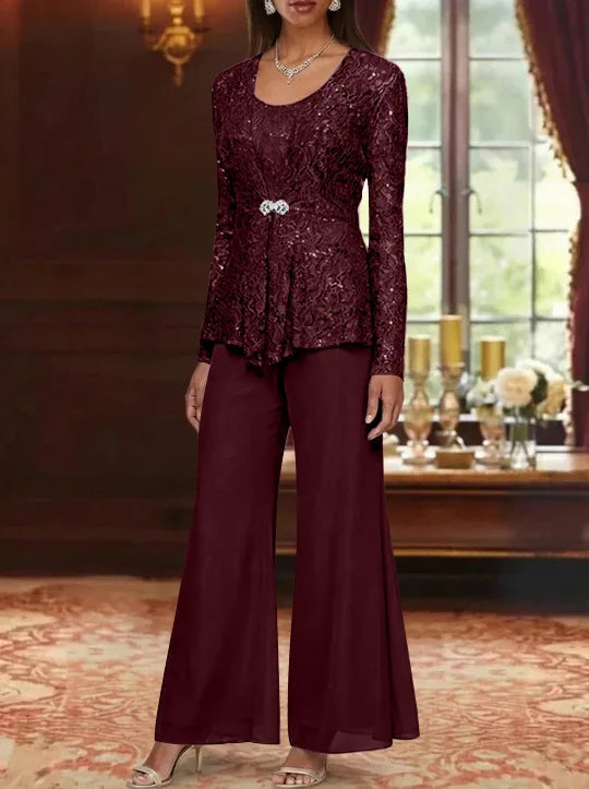 3 Pieces Scoop Lace Mother of the Bride Pantsuits with Jacket Long Sleeves Ankle-Length