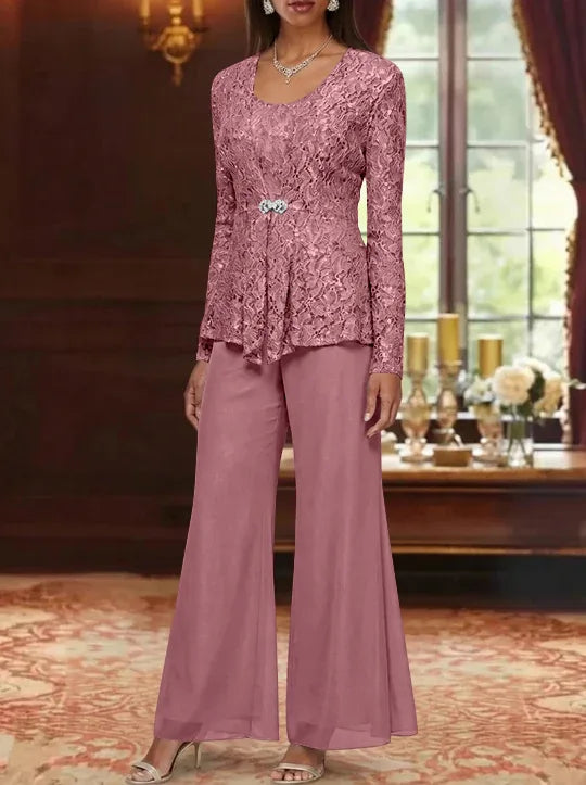 3 Pieces Scoop Lace Mother of the Bride Pantsuits with Jacket Long Sleeves Ankle-Length