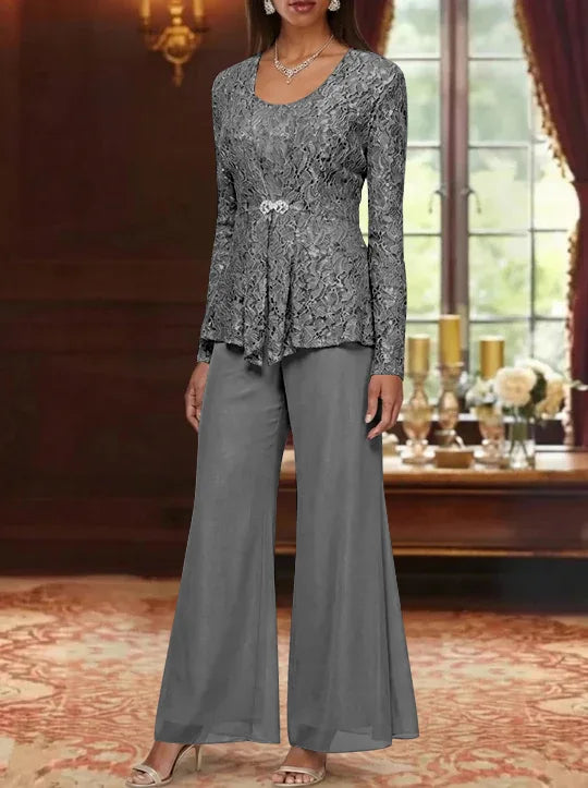 3 Pieces Scoop Lace Mother of the Bride Pantsuits with Jacket Long Sleeves Ankle-Length