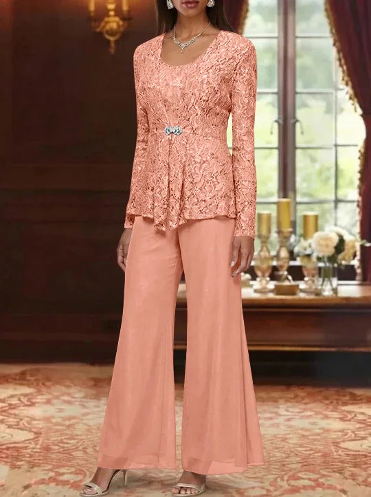 3 Pieces Scoop Lace Mother of the Bride Pantsuits with Jacket Long Sleeves Ankle-Length