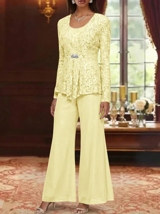 3 Pieces Scoop Lace Mother of the Bride Pantsuits with Jacket Long Sleeves Ankle-Length