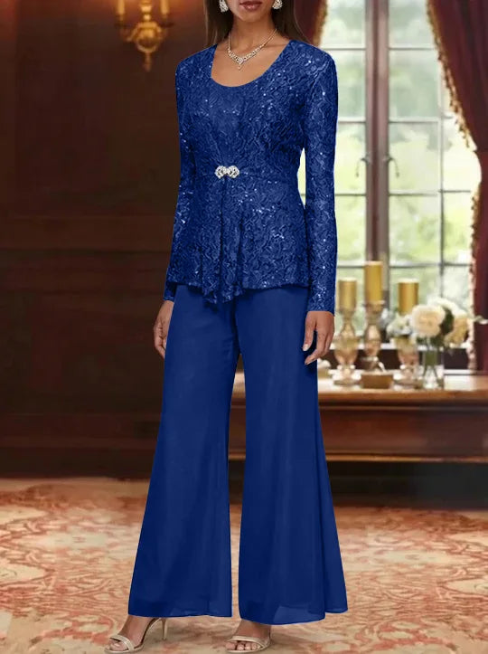 3 Pieces Scoop Lace Mother of the Bride Pantsuits with Jacket Long Sleeves Ankle-Length