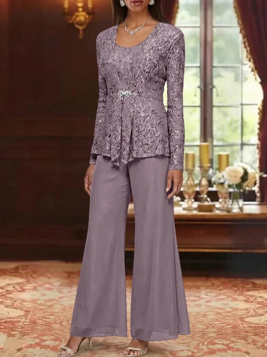 3 Pieces Scoop Lace Mother of the Bride Pantsuits with Jacket Long Sleeves Ankle-Length