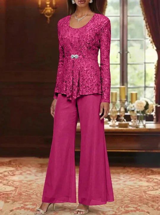 3 Pieces Scoop Lace Mother of the Bride Pantsuits with Jacket Long Sleeves Ankle-Length
