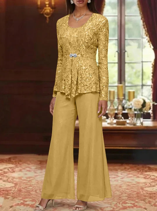 3 Pieces Scoop Lace Mother of the Bride Pantsuits with Jacket Long Sleeves Ankle-Length