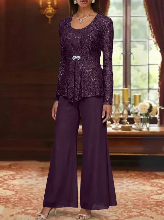3 Pieces Scoop Lace Mother of the Bride Pantsuits with Jacket Long Sleeves Ankle-Length