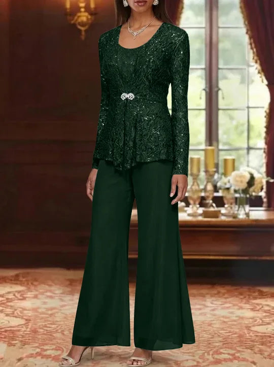 3 Pieces Scoop Lace Mother of the Bride Pantsuits with Jacket Long Sleeves Ankle-Length