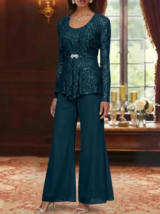 3 Pieces Scoop Lace Mother of the Bride Pantsuits with Jacket Long Sleeves Ankle-Length