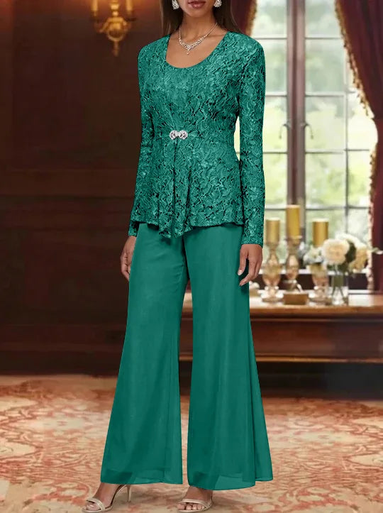 3 Pieces Scoop Lace Mother of the Bride Pantsuits with Jacket Long Sleeves Ankle-Length