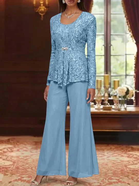 3 Pieces Scoop Lace Mother of the Bride Pantsuits with Jacket Long Sleeves Ankle-Length