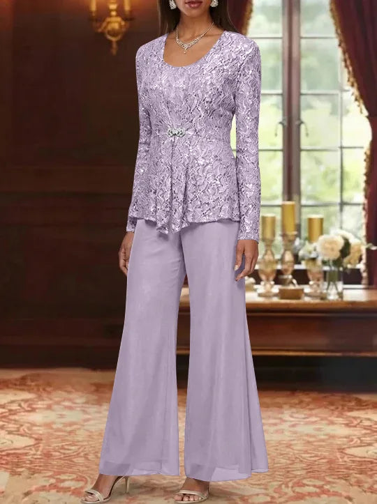 3 Pieces Scoop Lace Mother of the Bride Pantsuits with Jacket Long Sleeves Ankle-Length