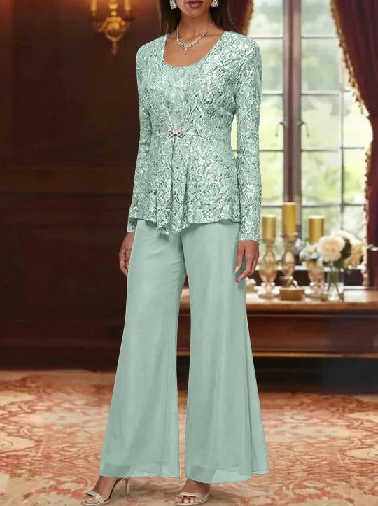 3 Pieces Scoop Lace Mother of the Bride Pantsuits with Jacket Long Sleeves Ankle-Length