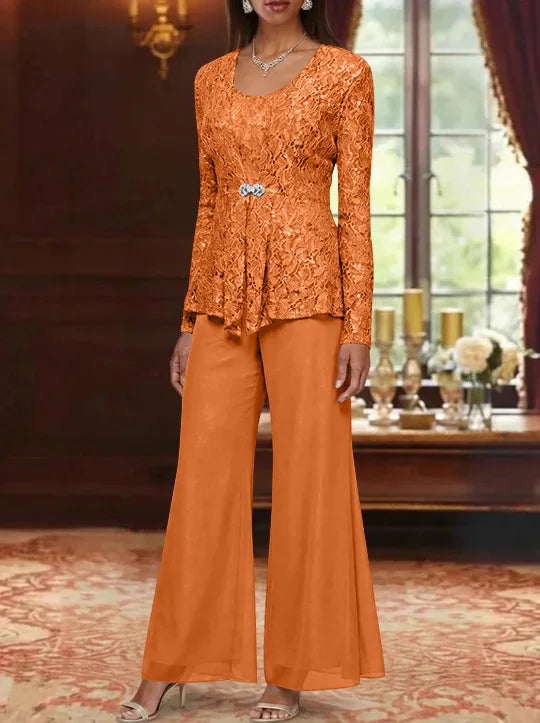 3 Pieces Scoop Lace Mother of the Bride Pantsuits with Jacket Long Sleeves Ankle-Length