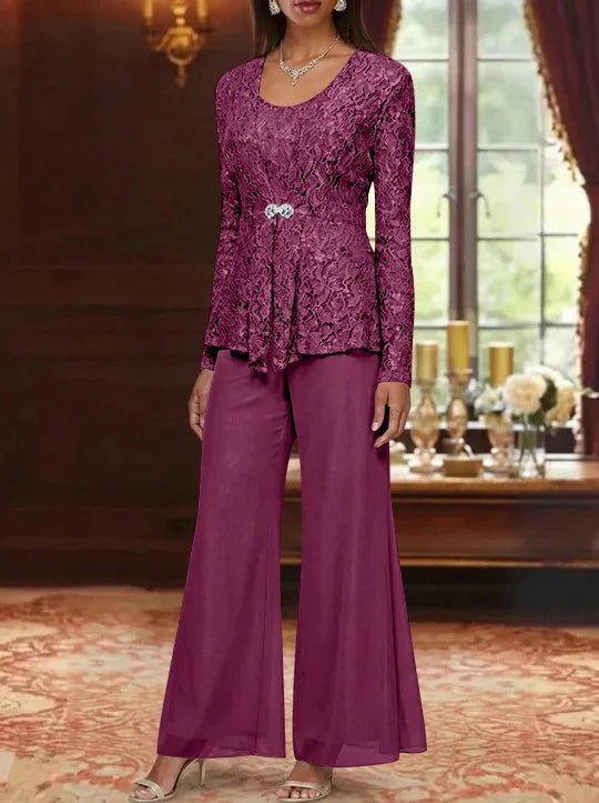 3 Pieces Scoop Lace Mother of the Bride Pantsuits with Jacket Long Sleeves Ankle-Length