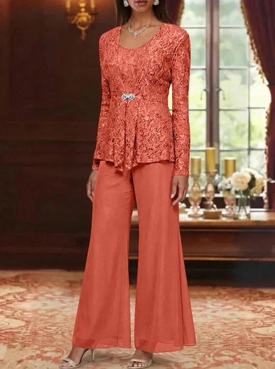3 Pieces Scoop Lace Mother of the Bride Pantsuits with Jacket Long Sleeves Ankle-Length