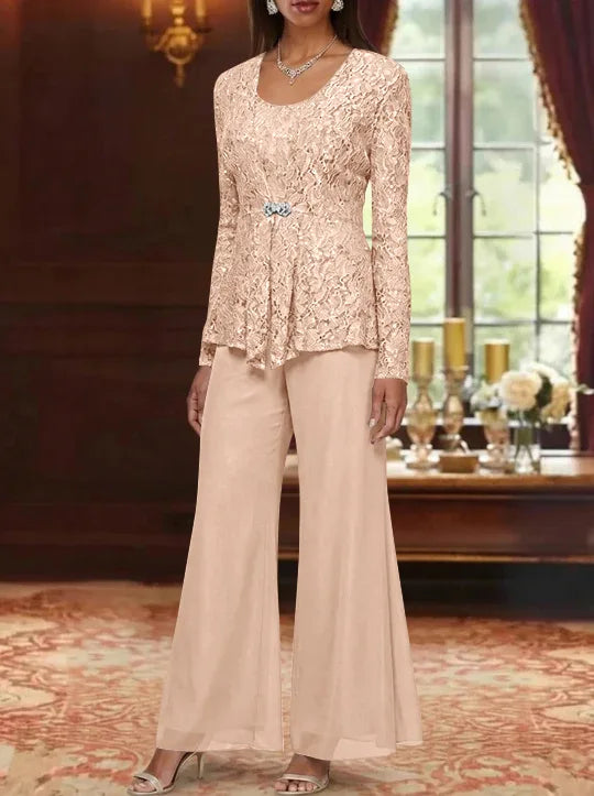 3 Pieces Scoop Lace Mother of the Bride Pantsuits with Jacket Long Sleeves Ankle-Length