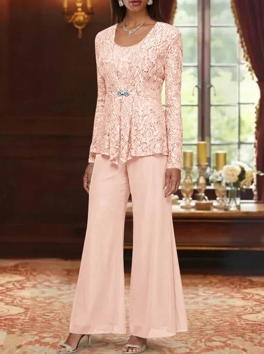 3 Pieces Scoop Lace Mother of the Bride Pantsuits with Jacket Long Sleeves Ankle-Length