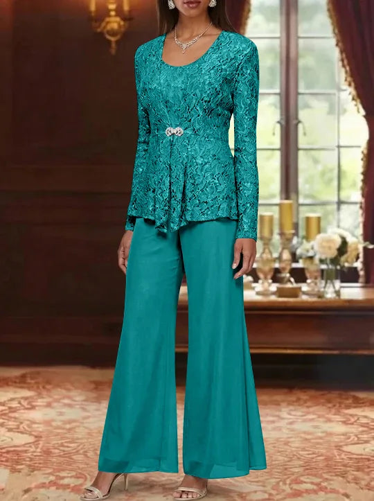 3 Pieces Scoop Lace Mother of the Bride Pantsuits with Jacket Long Sleeves Ankle-Length