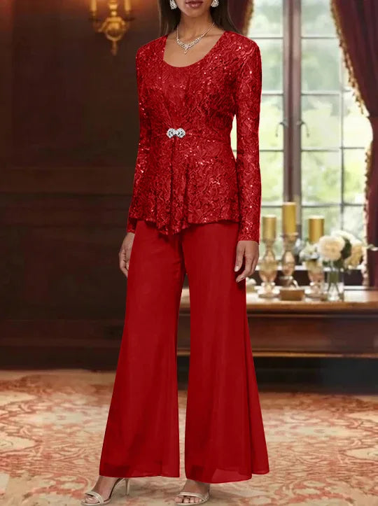 3 Pieces Scoop Lace Mother of the Bride Pantsuits with Jacket Long Sleeves Ankle-Length