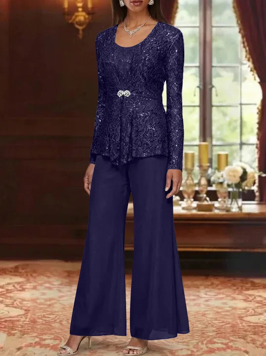 3 Pieces Scoop Lace Mother of the Bride Pantsuits with Jacket Long Sleeves Ankle-Length