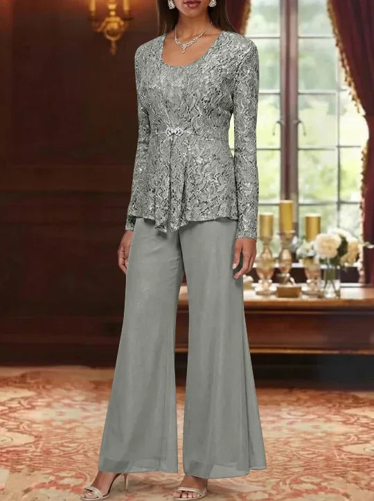 3 Pieces Scoop Lace Mother of the Bride Pantsuits with Jacket Long Sleeves Ankle-Length