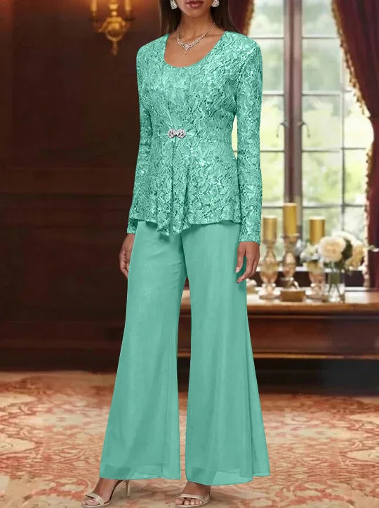 3 Pieces Scoop Lace Mother of the Bride Pantsuits with Jacket Long Sleeves Ankle-Length