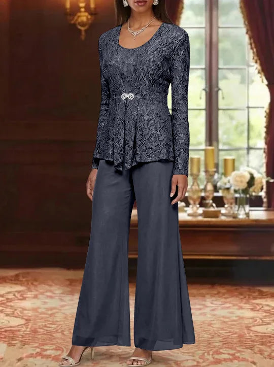 3 Pieces Scoop Lace Mother of the Bride Pantsuits with Jacket Long Sleeves Ankle-Length