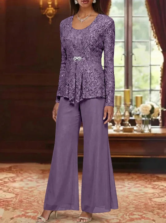 3 Pieces Scoop Lace Mother of the Bride Pantsuits with Jacket Long Sleeves Ankle-Length