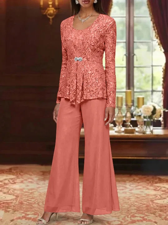 3 Pieces Scoop Lace Mother of the Bride Pantsuits with Jacket Long Sleeves Ankle-Length