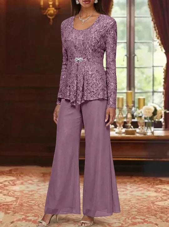 3 Pieces Scoop Lace Mother of the Bride Pantsuits with Jacket Long Sleeves Ankle-Length