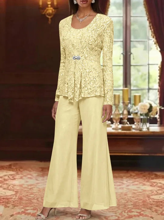 3 Pieces Scoop Lace Mother of the Bride Pantsuits with Jacket Long Sleeves Ankle-Length