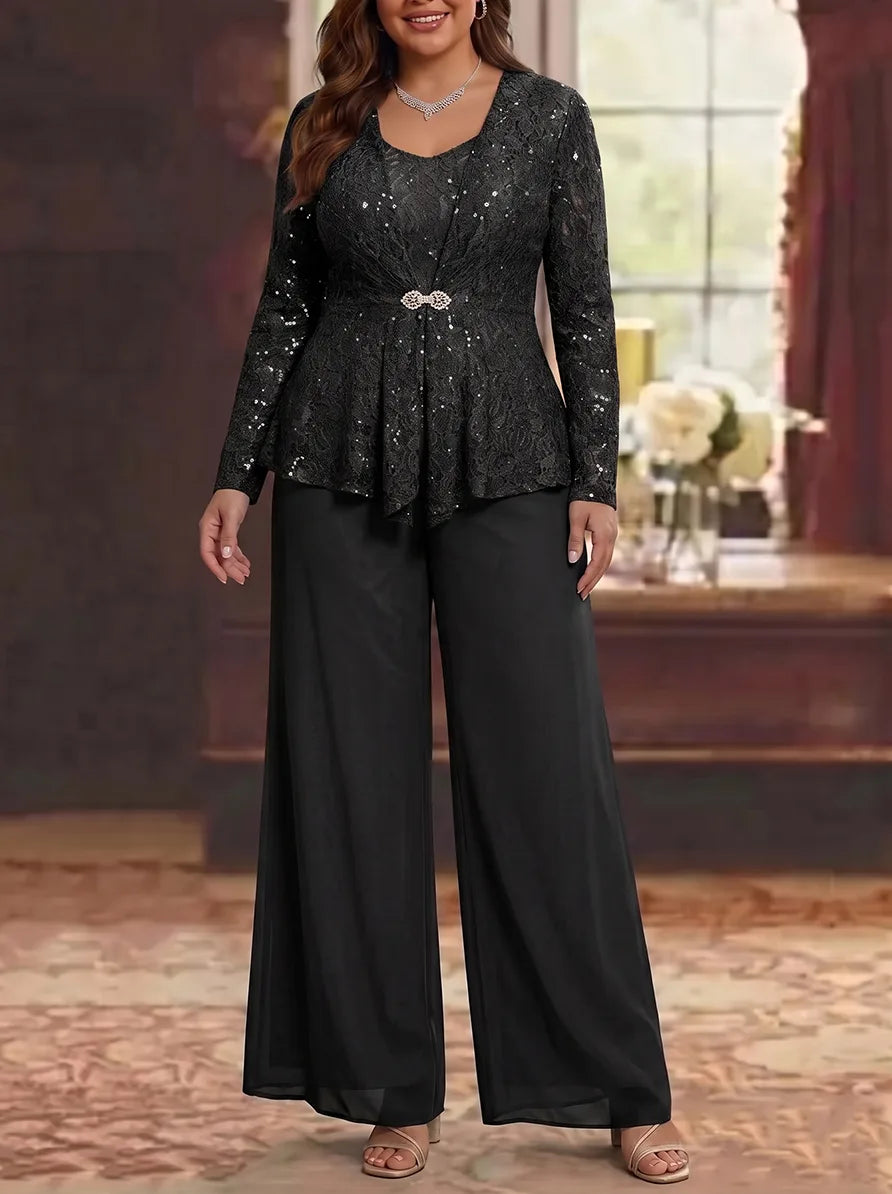 3 Pieces Scoop Lace Plus Size Mother of the Bride Pantsuits with Jacket Long Sleeves Ankle-Length