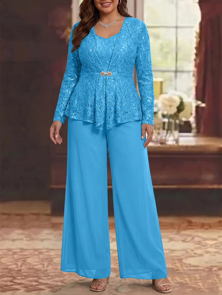 3 Pieces Scoop Lace Plus Size Mother of the Bride Pantsuits with Jacket Long Sleeves Ankle-Length