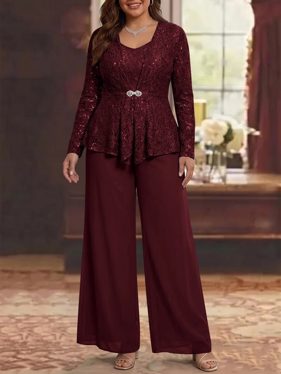 3 Pieces Scoop Lace Plus Size Mother of the Bride Pantsuits with Jacket Long Sleeves Ankle-Length
