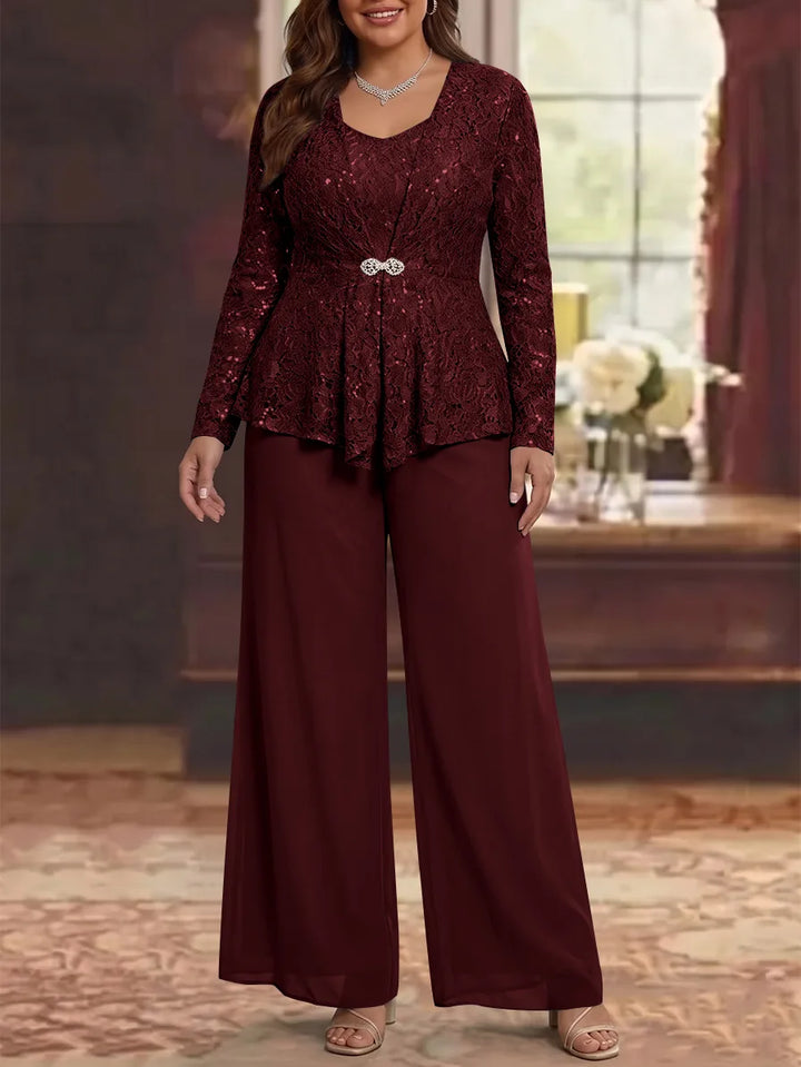 3 Pieces Scoop Lace Plus Size Mother of the Bride Pantsuits with Jacket Long Sleeves Ankle-Length
