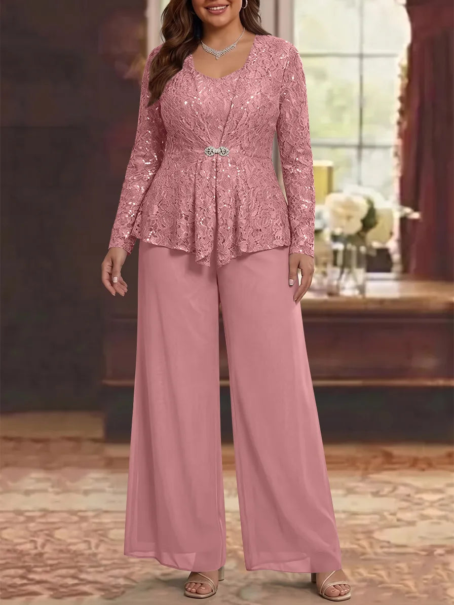 3 Pieces Scoop Lace Plus Size Mother of the Bride Pantsuits with Jacket Long Sleeves Ankle-Length