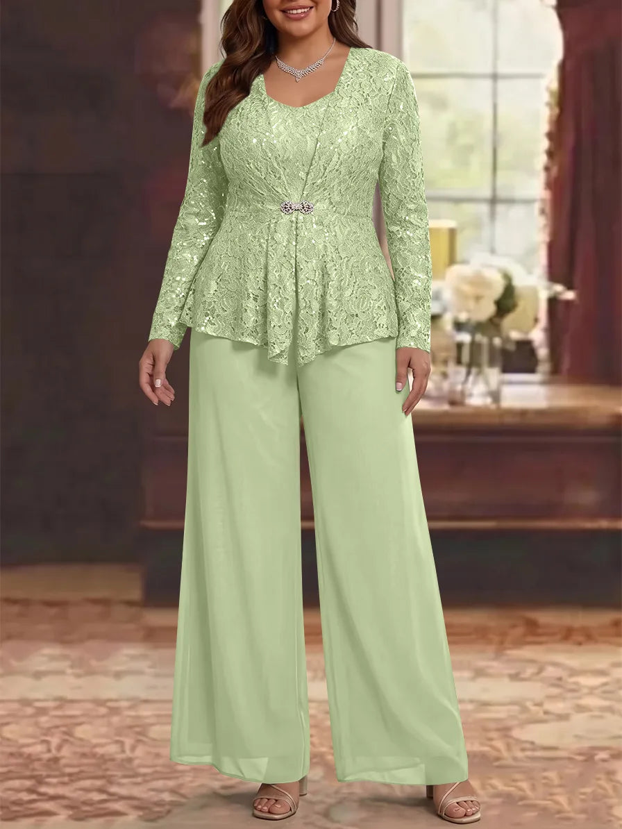 3 Pieces Scoop Lace Plus Size Mother of the Bride Pantsuits with Jacket Long Sleeves Ankle-Length