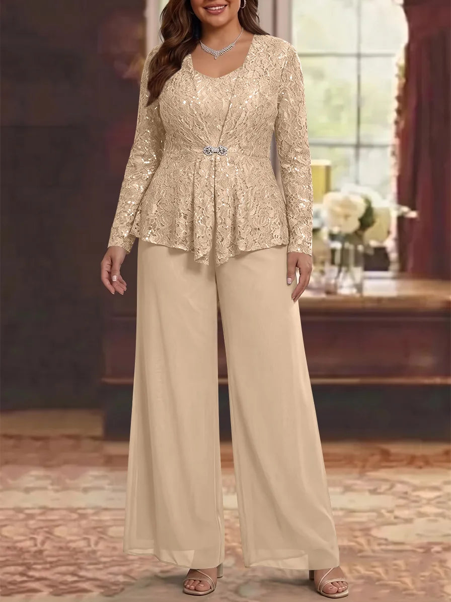 3 Pieces Scoop Lace Plus Size Mother of the Bride Pantsuits with Jacket Long Sleeves Ankle-Length