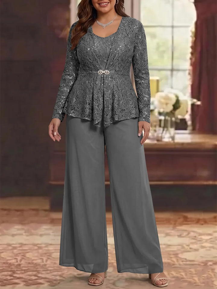 3 Pieces Scoop Lace Plus Size Mother of the Bride Pantsuits with Jacket Long Sleeves Ankle-Length