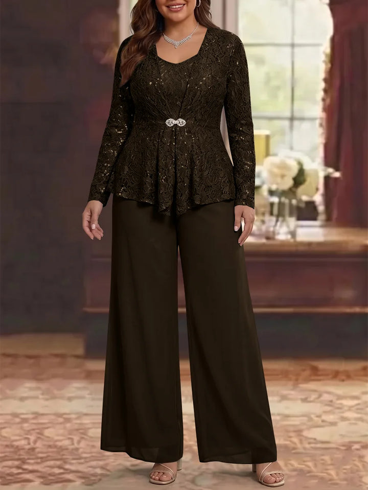 3 Pieces Scoop Lace Plus Size Mother of the Bride Pantsuits with Jacket Long Sleeves Ankle-Length