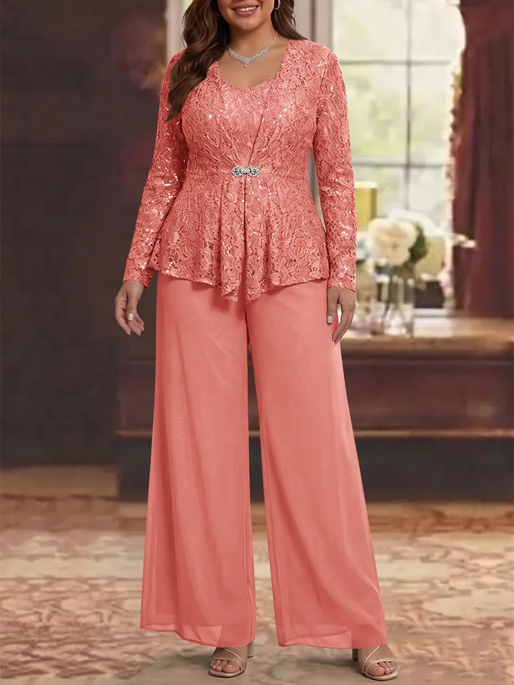 3 Pieces Scoop Lace Plus Size Mother of the Bride Pantsuits with Jacket Long Sleeves Ankle-Length