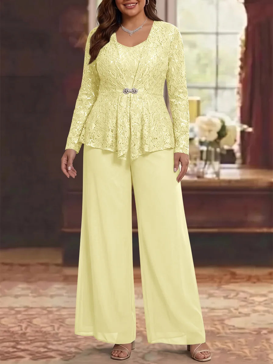 3 Pieces Scoop Lace Plus Size Mother of the Bride Pantsuits with Jacket Long Sleeves Ankle-Length