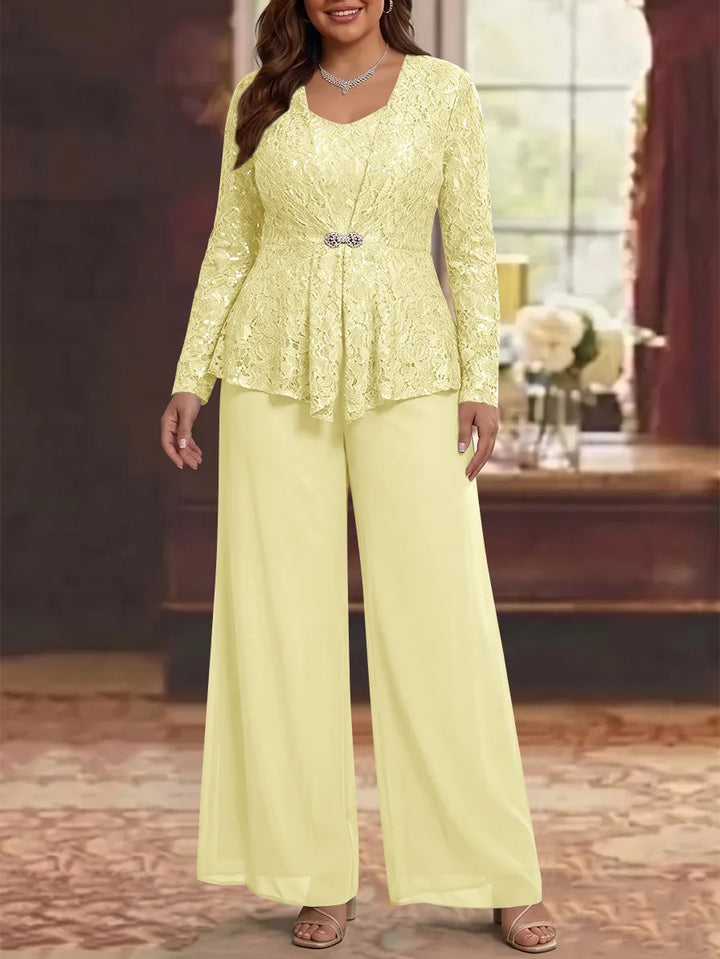 3 Pieces Scoop Lace Plus Size Mother of the Bride Pantsuits with Jacket Long Sleeves Ankle-Length