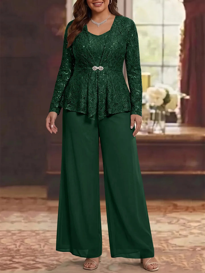 3 Pieces Scoop Lace Plus Size Mother of the Bride Pantsuits with Jacket Long Sleeves Ankle-Length
