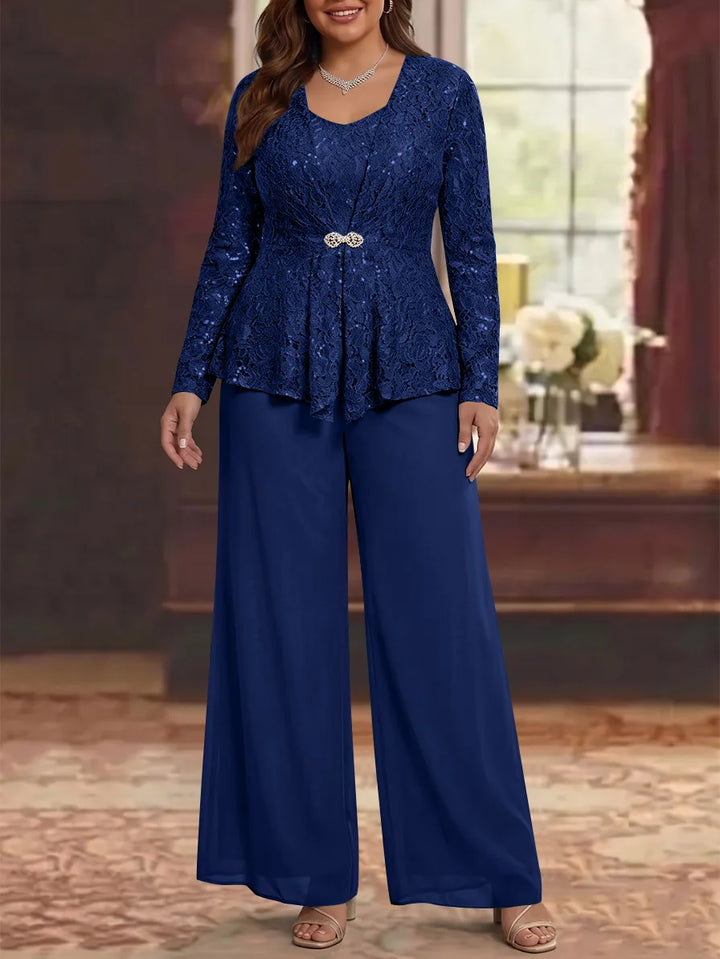 3 Pieces Scoop Lace Plus Size Mother of the Bride Pantsuits with Jacket Long Sleeves Ankle-Length