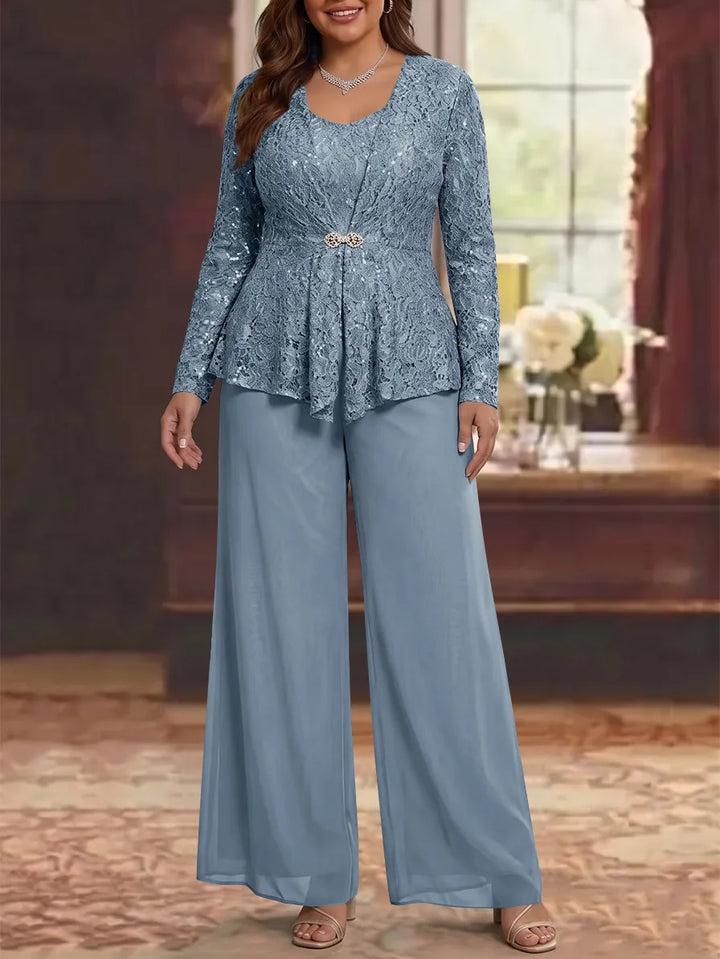3 Pieces Scoop Lace Plus Size Mother of the Bride Pantsuits with Jacket Long Sleeves Ankle-Length