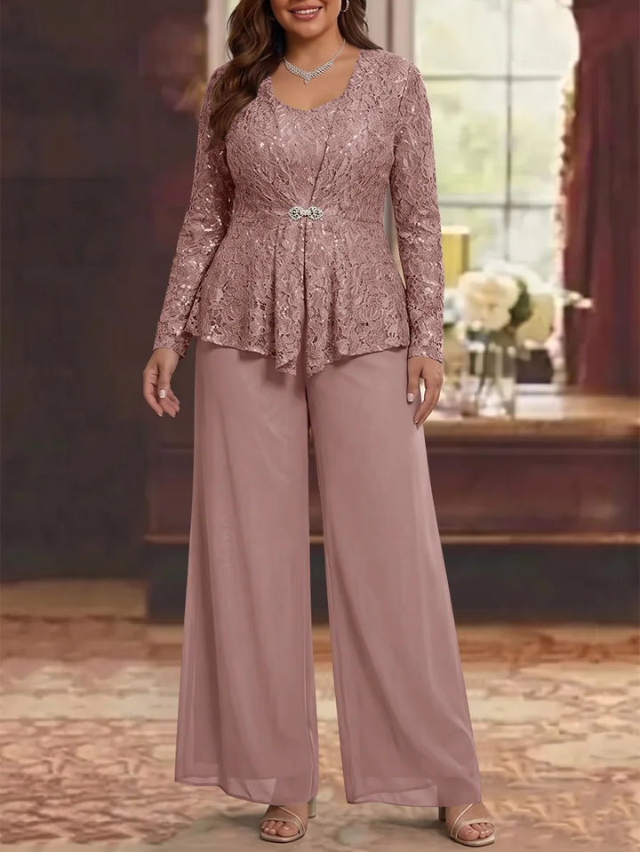 3 Pieces Scoop Lace Plus Size Mother of the Bride Pantsuits with Jacket Long Sleeves Ankle-Length