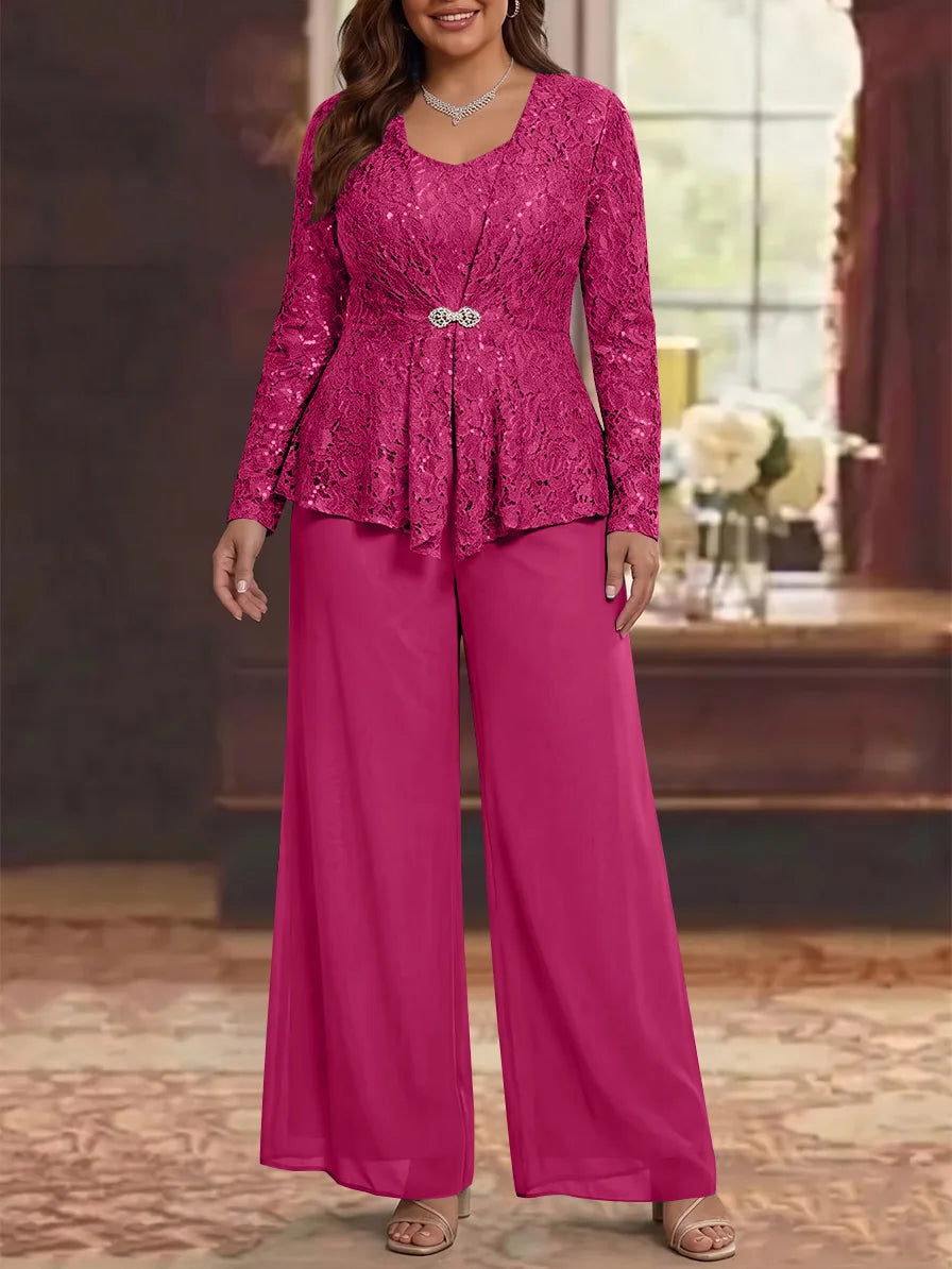 3 Pieces Scoop Lace Plus Size Mother of the Bride Pantsuits with Jacket Long Sleeves Ankle-Length